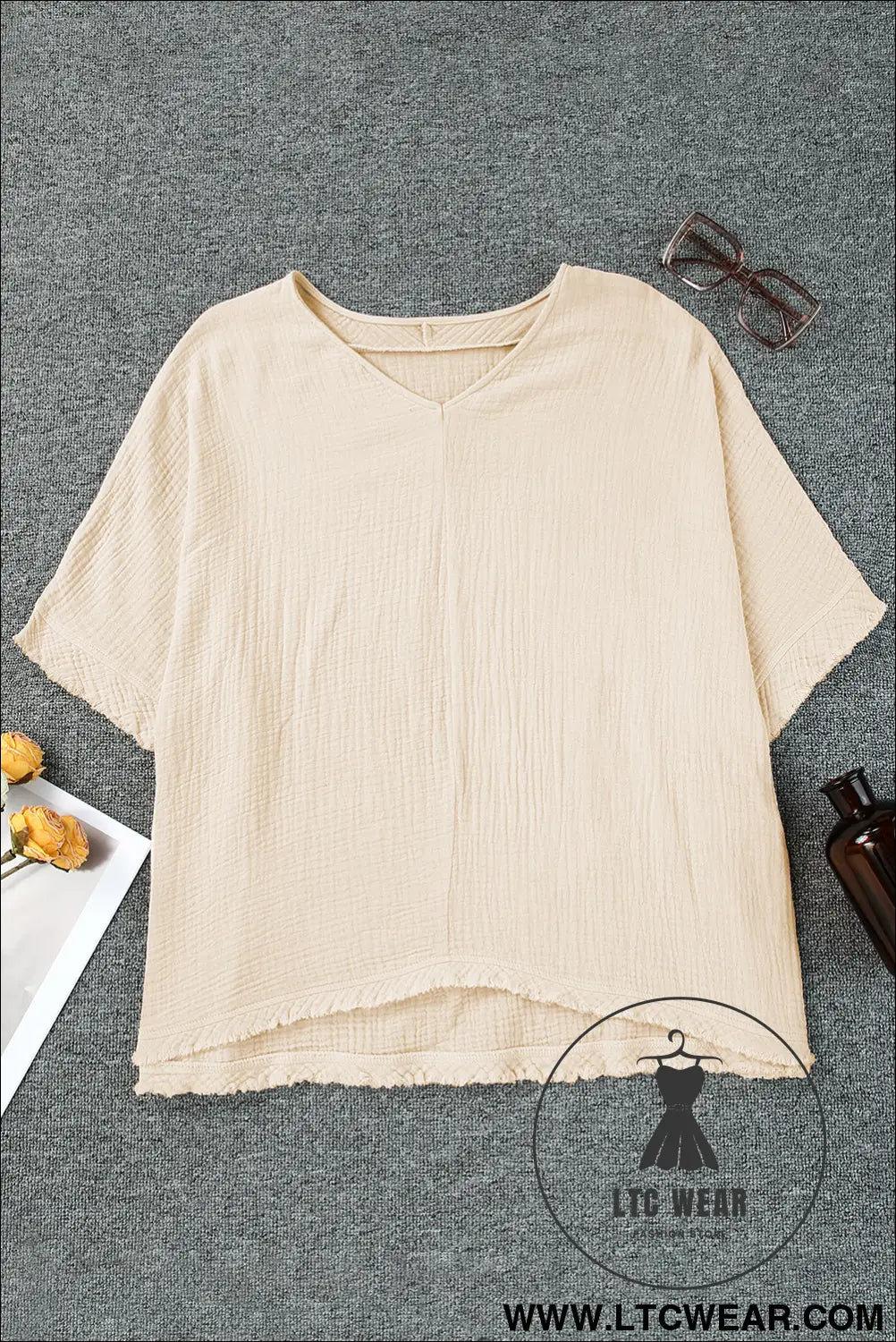 Black Frayed Batwing Sleeve Textured Cotton Blouse - L.T.C Wear Online Fashion Store