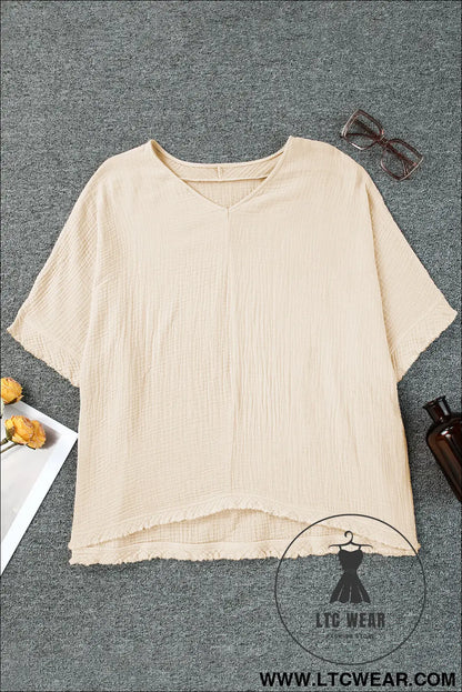 Black Frayed Batwing Sleeve Textured Cotton Blouse - L.T.C Wear Online Fashion Store