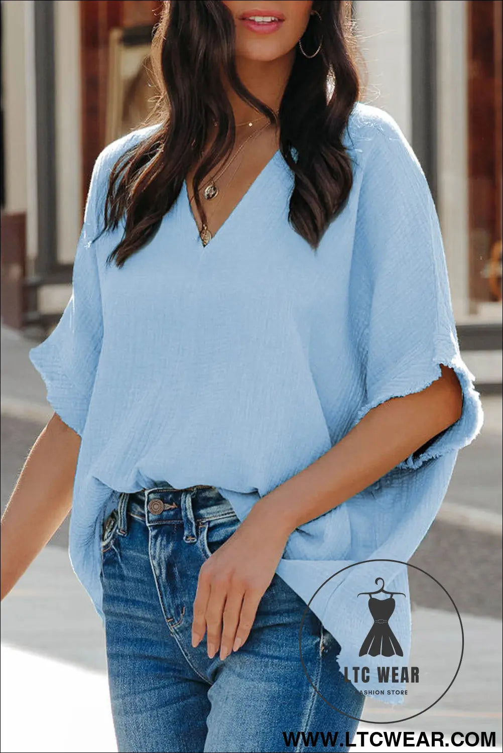 Black Frayed Batwing Sleeve Textured Cotton Blouse - L.T.C Wear Online Fashion Store