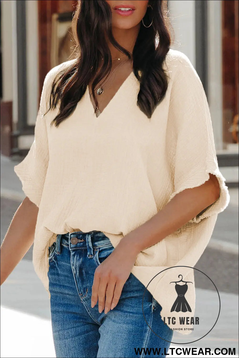 Black Frayed Batwing Sleeve Textured Cotton Blouse - L.T.C Wear Online Fashion Store