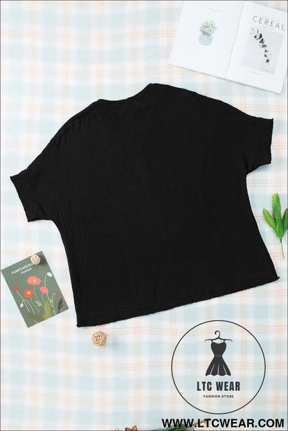 Black Frayed Batwing Sleeve Textured Cotton Blouse - L.T.C Wear Online Fashion Store