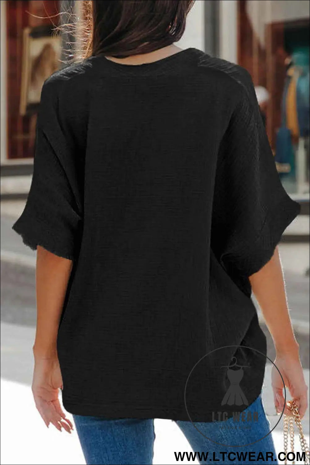 Black Frayed Batwing Sleeve Textured Cotton Blouse