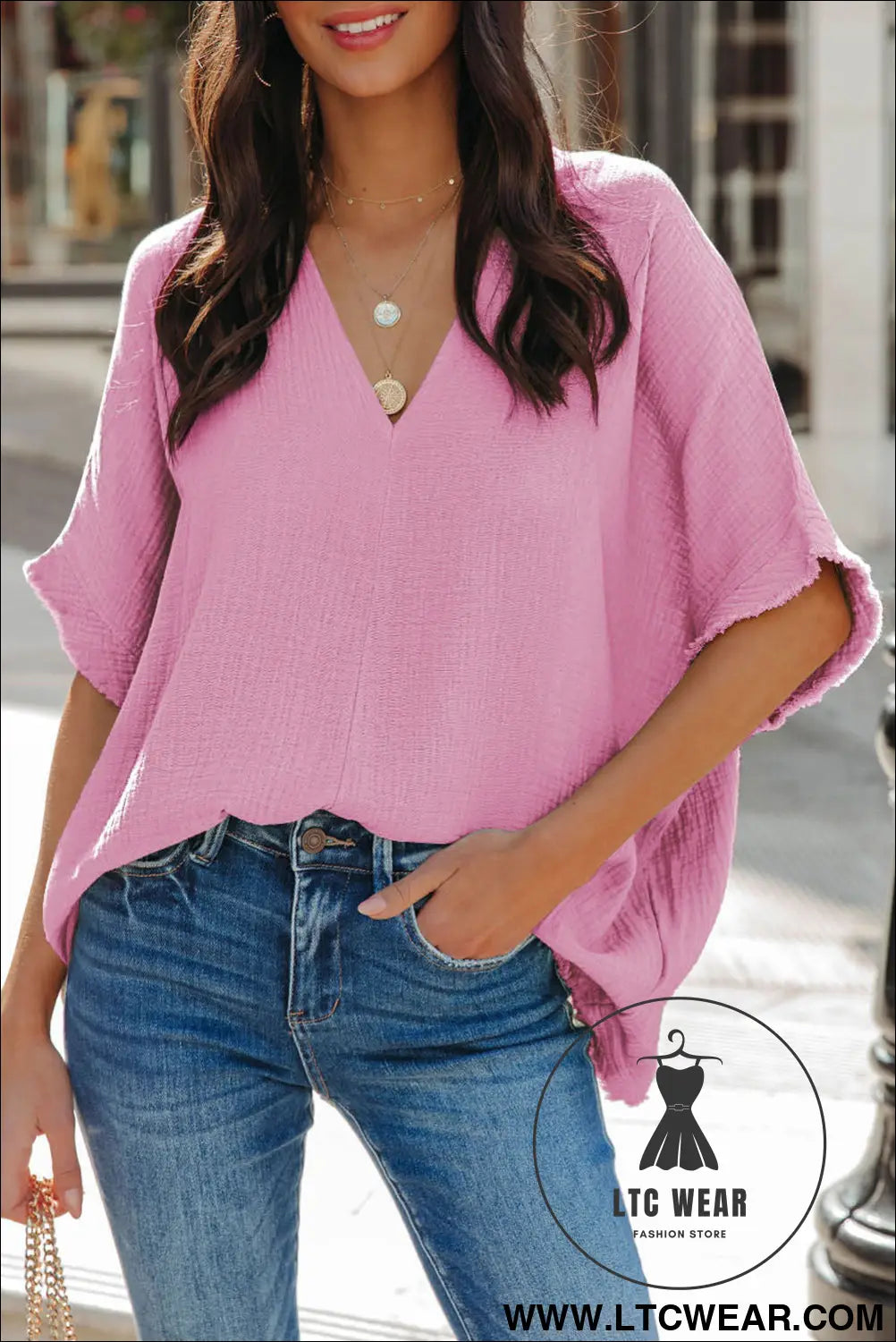 Black Frayed Batwing Sleeve Textured Cotton Blouse - L.T.C Wear Online Fashion Store