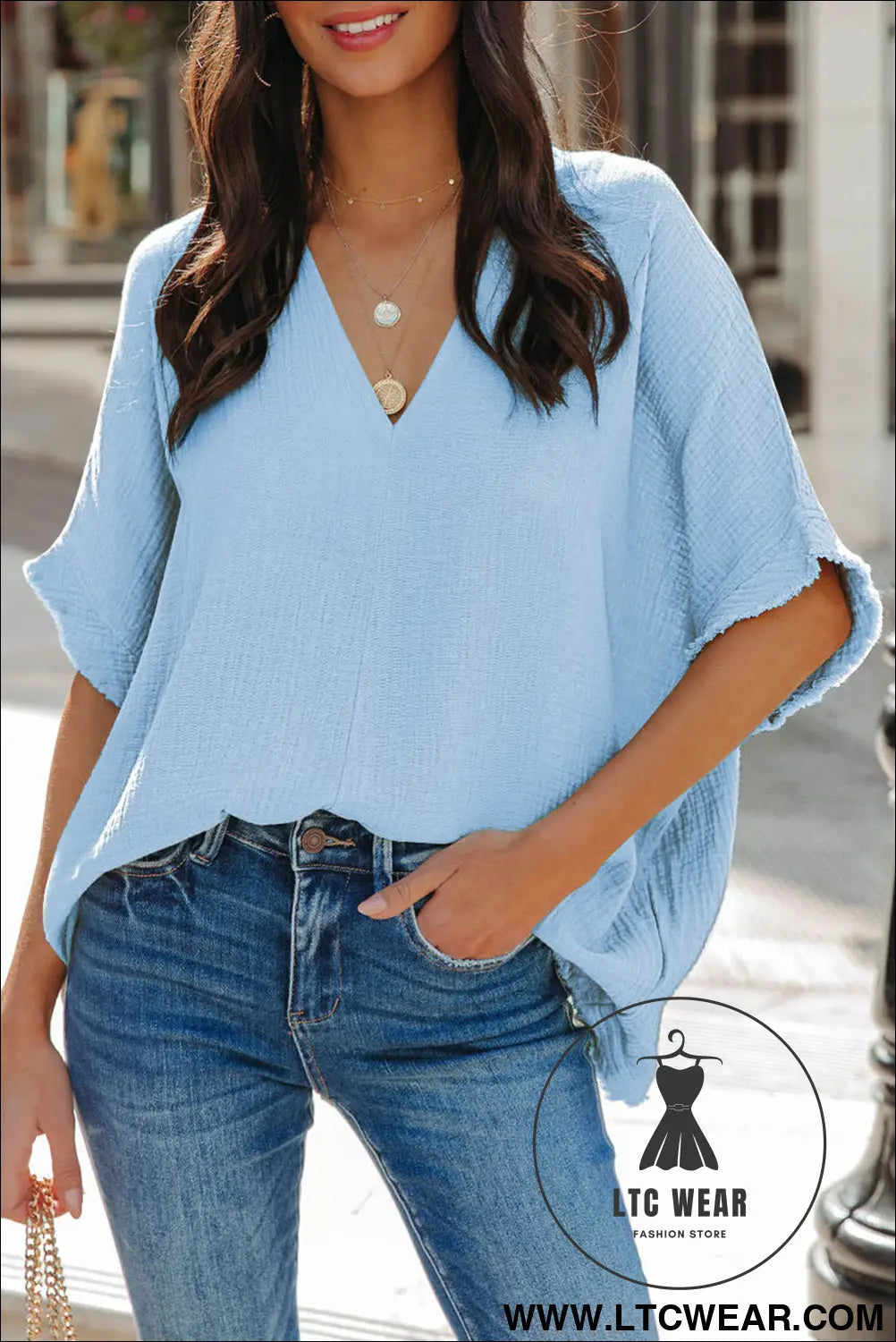Black Frayed Batwing Sleeve Textured Cotton Blouse - L.T.C Wear Online Fashion Store