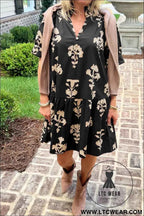Black Frilled V Neck Puff Short Sleeve Floral Mini Dress