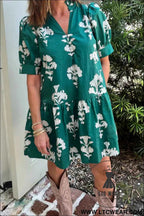 Black Frilled V Neck Puff Short Sleeve Floral Mini Dress