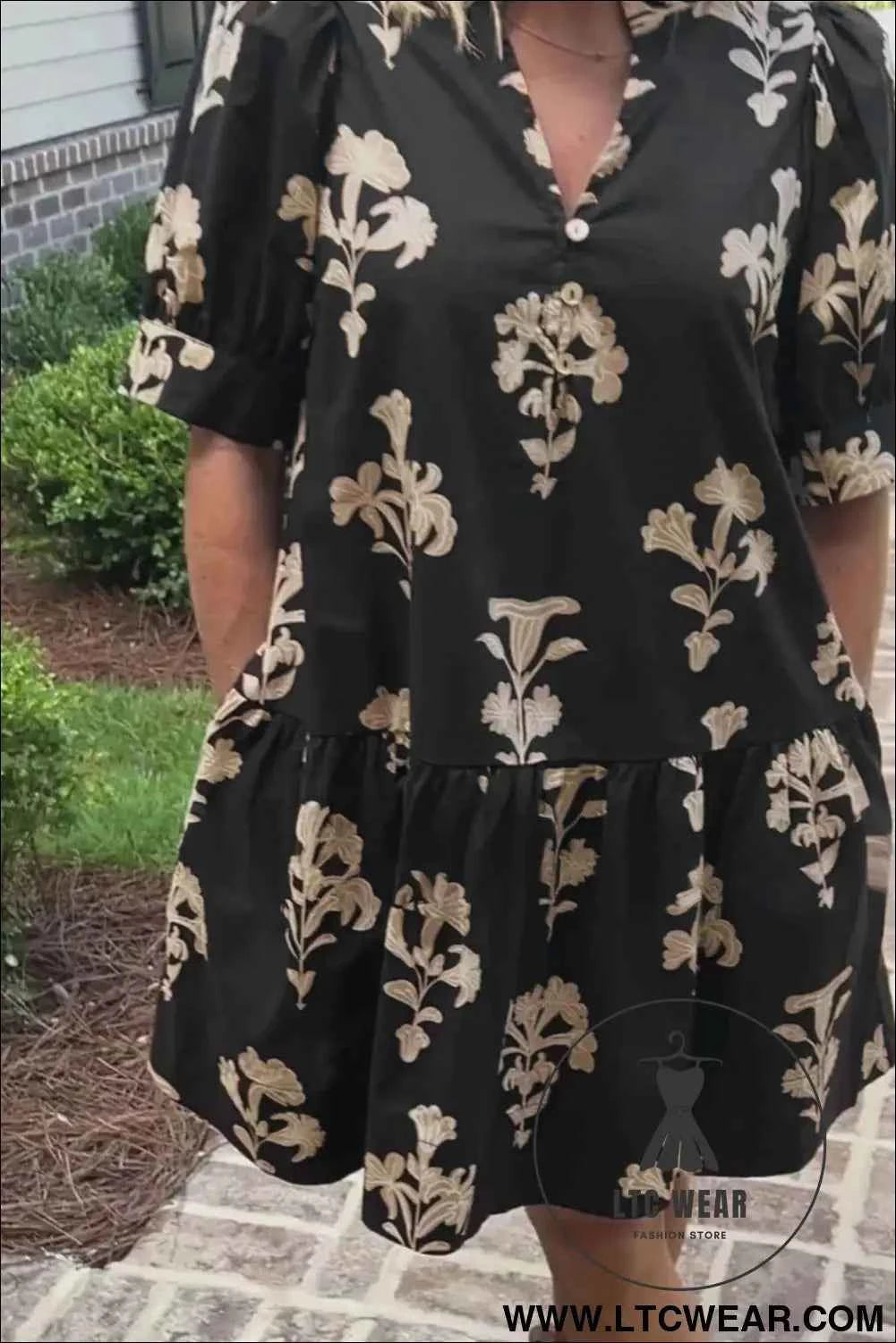 Black Frilled V Neck Puff Short Sleeve Floral Mini Dress