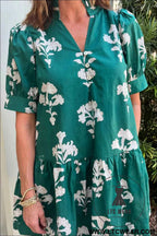 Black Frilled V Neck Puff Short Sleeve Floral Mini Dress