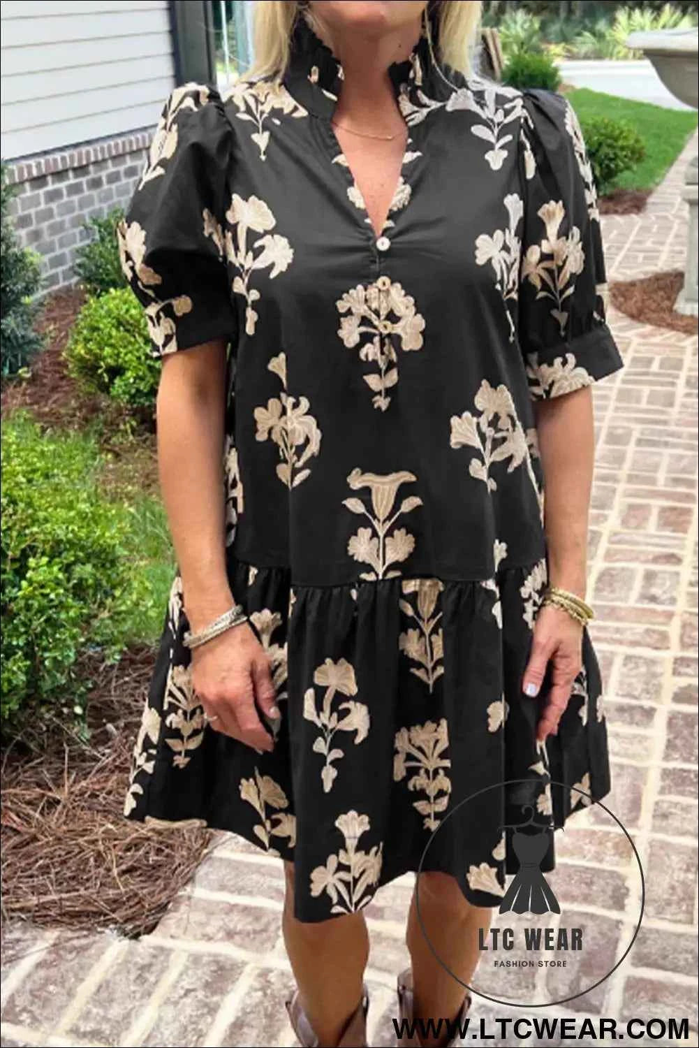 Black Frilled V Neck Puff Short Sleeve Floral Mini Dress