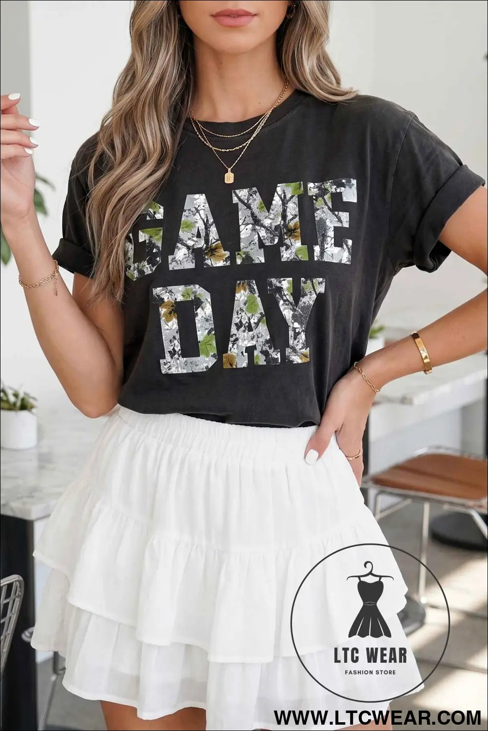 Black Game Day Camo Letter Print Round Neck Casual T Shirt