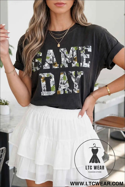 Black Game Day Camo Letter Print Round Neck Casual T Shirt