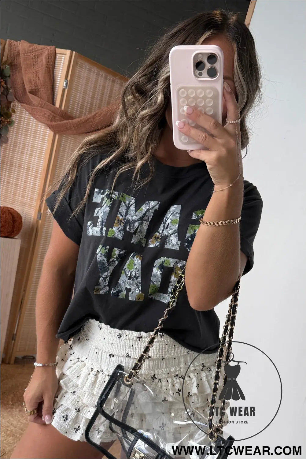 Black game day camo letter print round neck casual t shirt - tops & tees