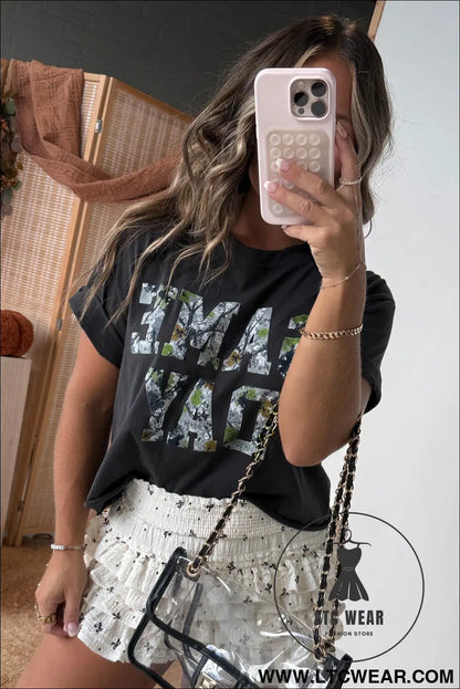 Black game day camo letter print round neck casual t shirt - tops & tees