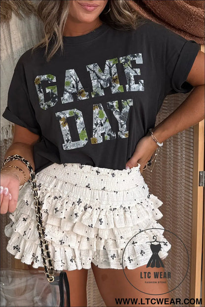 Black game day camo letter print round neck casual t shirt - tops & tees