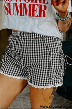 Black gingham lace trim shorts with pouch pockets - casual shorts