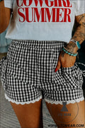 Black gingham lace trim shorts with pouch pockets - black / l / 95% cotton + 5% polyester - casual shorts