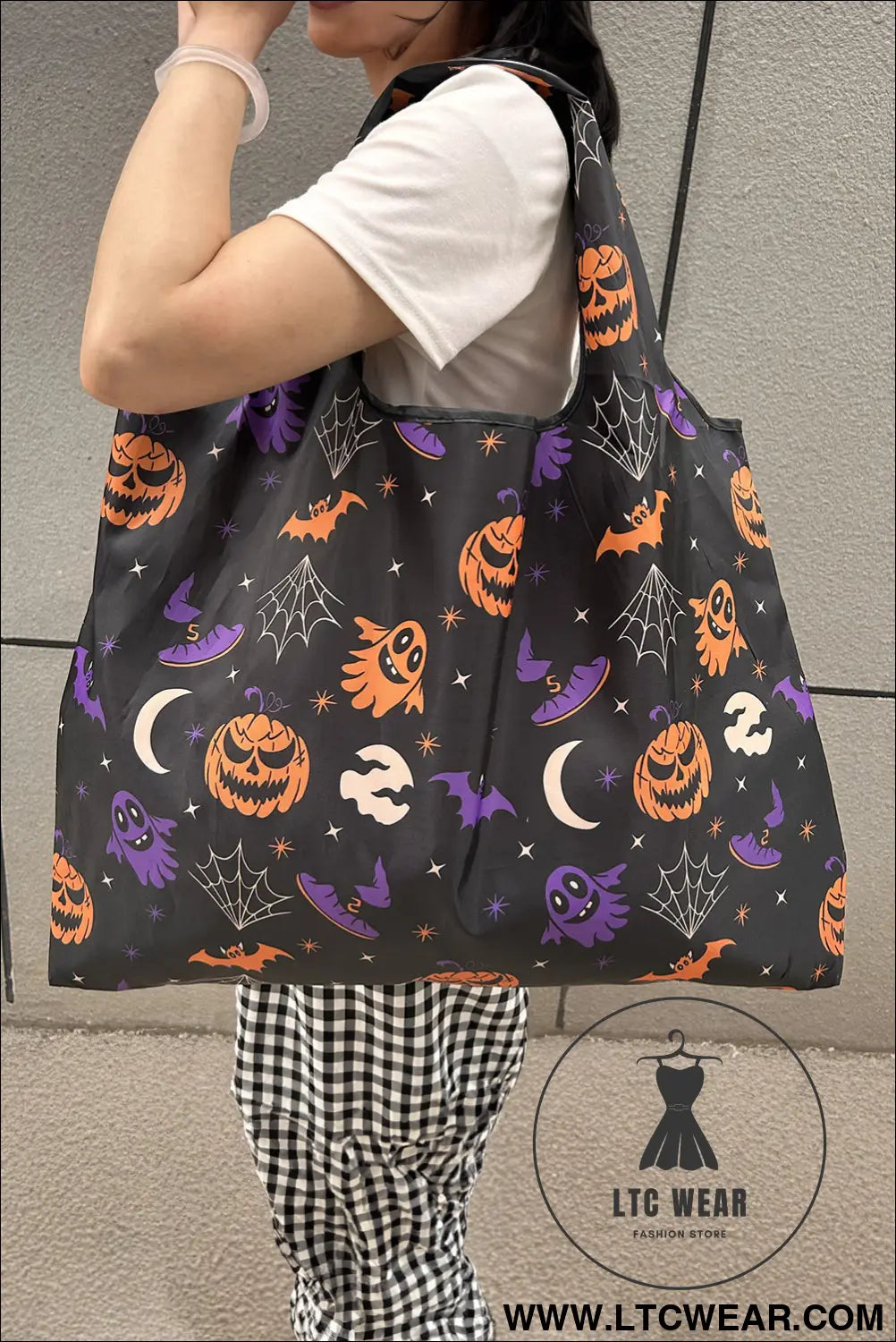 Black goth halloween pumpkin large capacity foldable tote bag - black / one size / 100% polyester - handbags