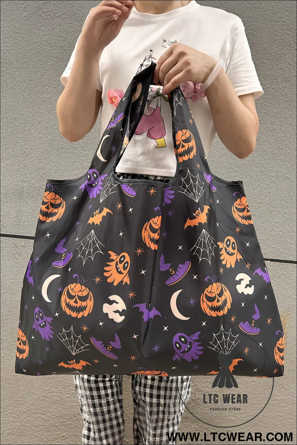 Black goth halloween pumpkin large capacity foldable tote bag - black / one size / 100% polyester - handbags