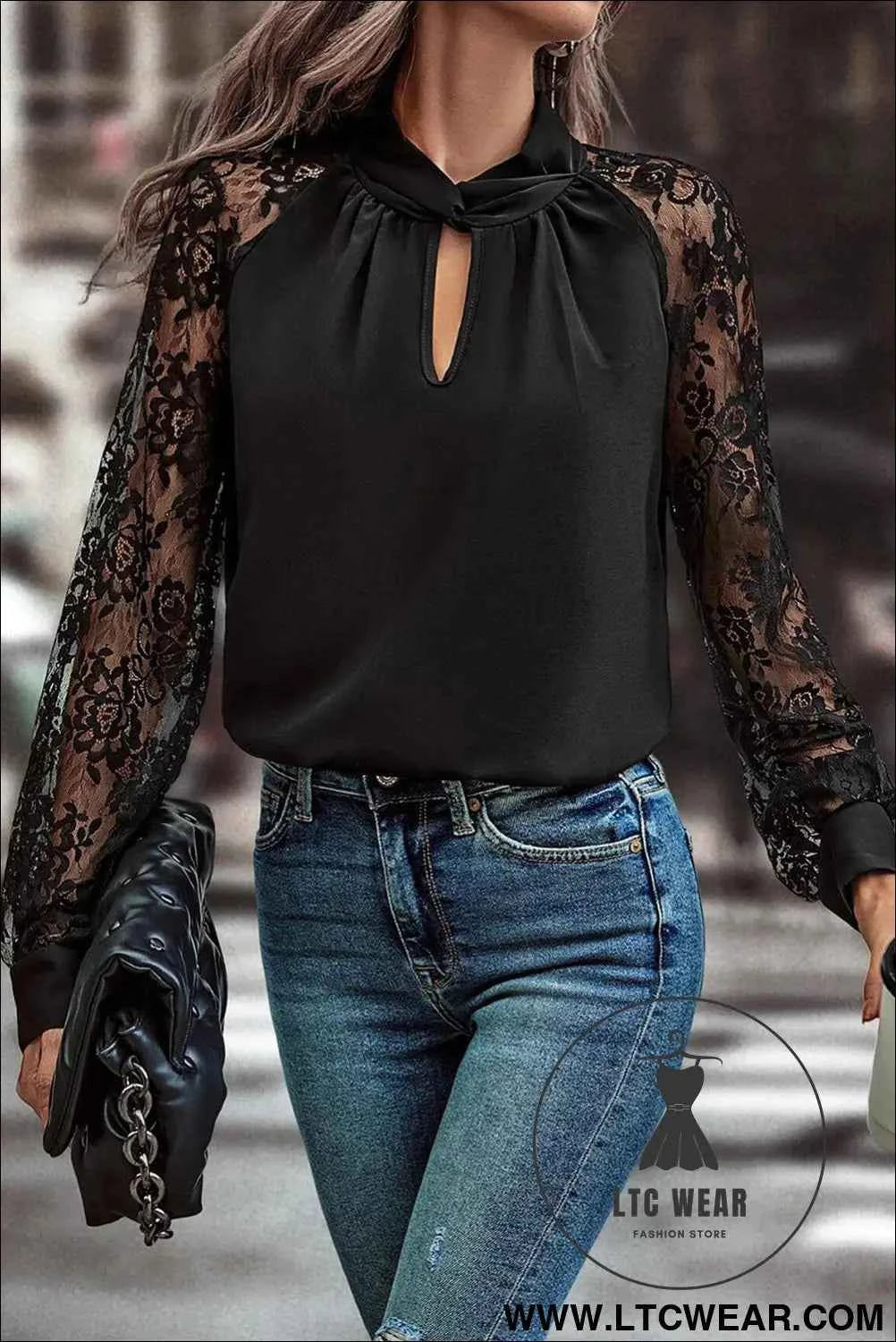 Black Keyhole Neckline Floral Lace Raglan Sleeve Blouse