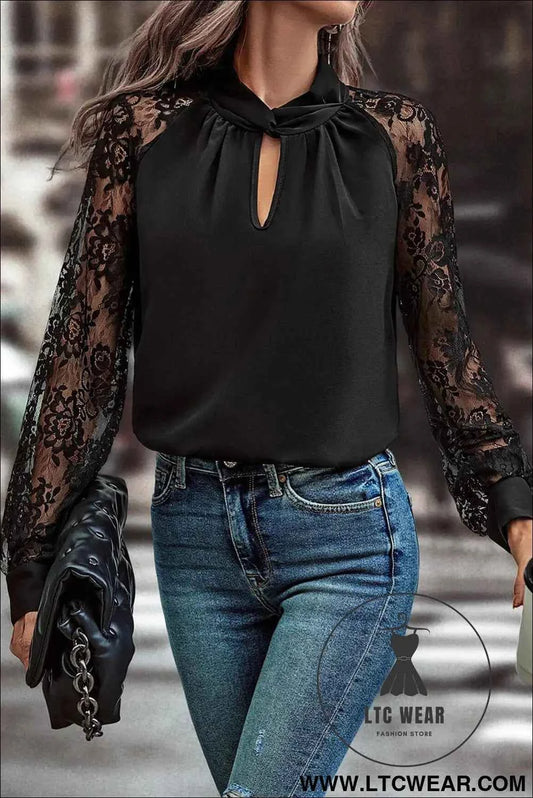 Black Keyhole Neckline Floral Lace Raglan Sleeve Blouse