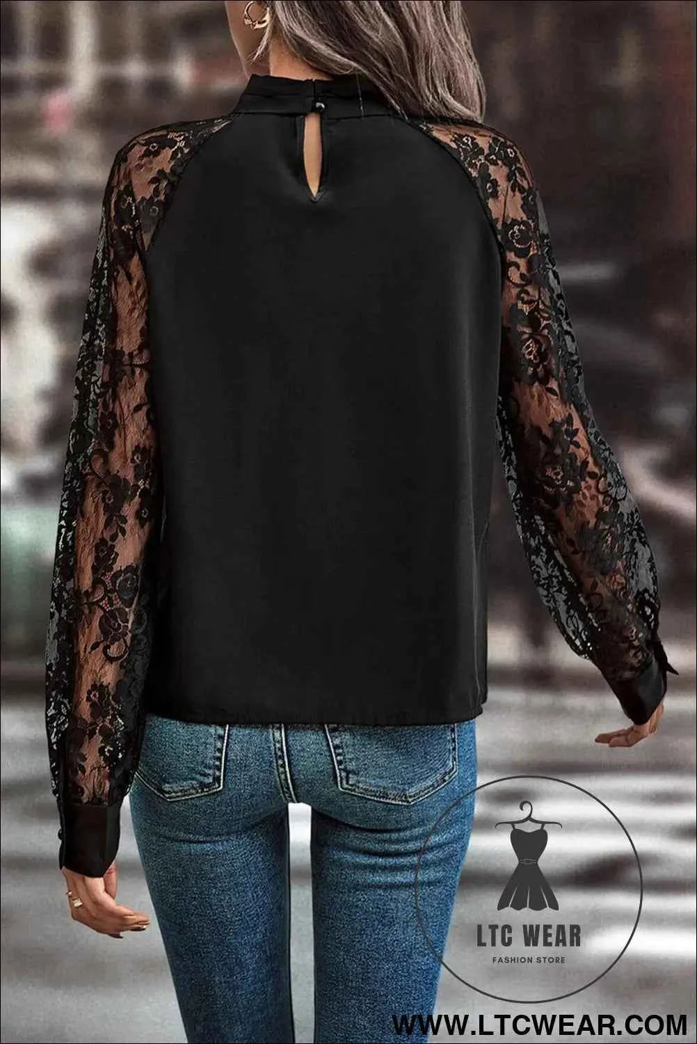 Black Keyhole Neckline Floral Lace Raglan Sleeve Blouse