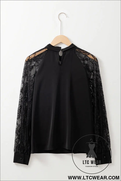 Black Keyhole Neckline Floral Lace Raglan Sleeve Blouse - L.T.C Wear Online Fashion Store