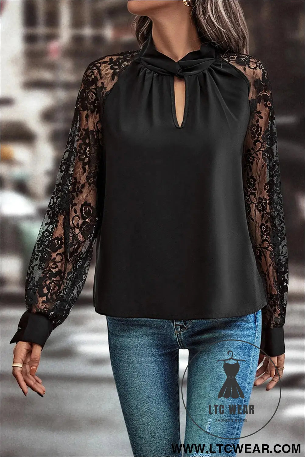 Black Keyhole Neckline Floral Lace Raglan Sleeve Blouse - L.T.C Wear Online Fashion Store