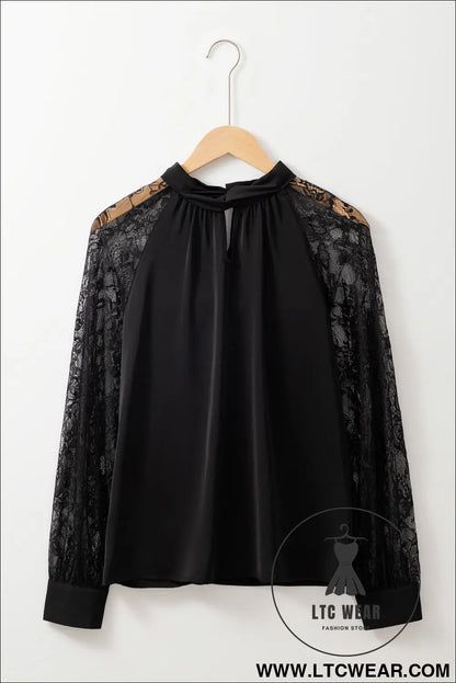 Black Keyhole Neckline Lace Splicing Raglan Sleeve Blouse - L.T.C Wear Online Fashion Store