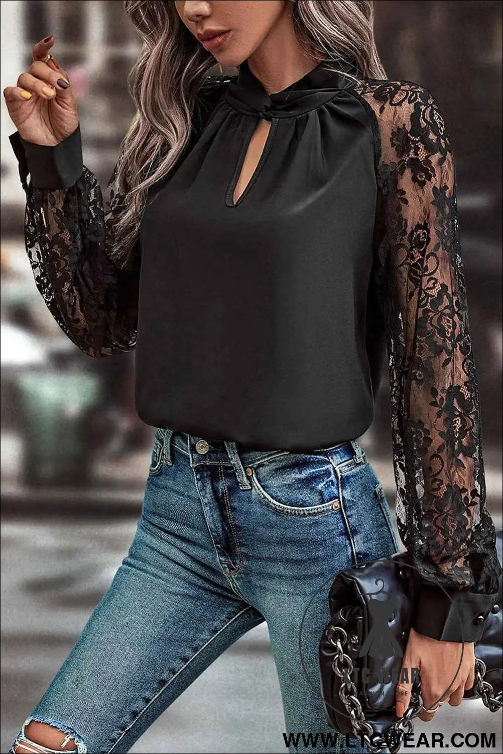 Black Keyhole Neckline Lace Splicing Raglan Sleeve Blouse