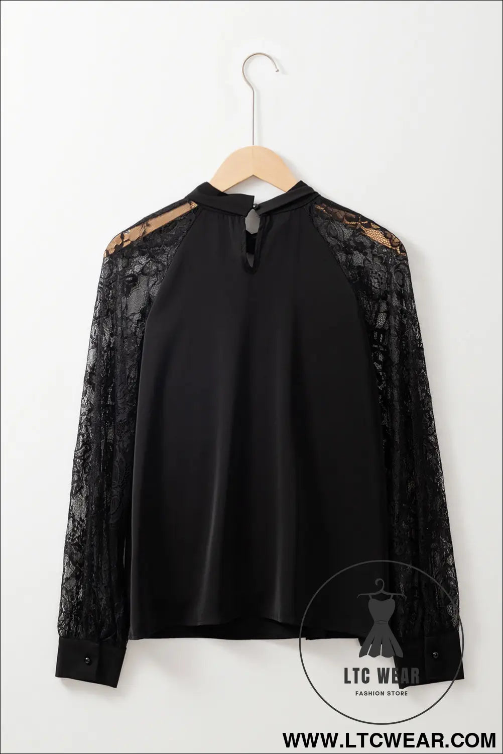 Black Keyhole Neckline Lace Splicing Raglan Sleeve Blouse - L.T.C Wear Online Fashion Store