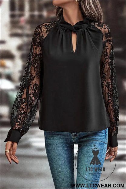 Black Keyhole Neckline Lace Splicing Raglan Sleeve Blouse - L.T.C Wear Online Fashion Store