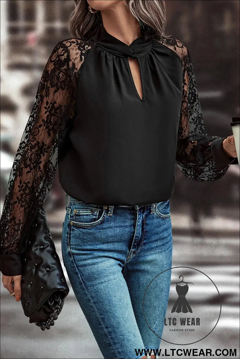 Black Keyhole Neckline Lace Splicing Raglan Sleeve Blouse - L.T.C Wear Online Fashion Store