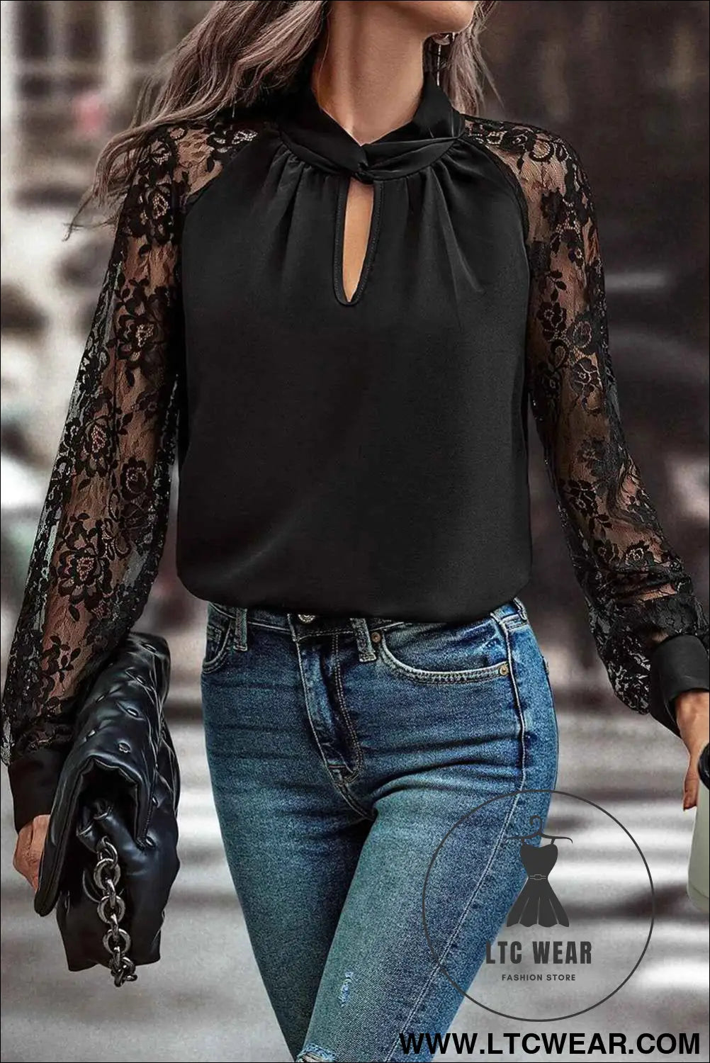 Black Keyhole Neckline Lace Splicing Raglan Sleeve Blouse