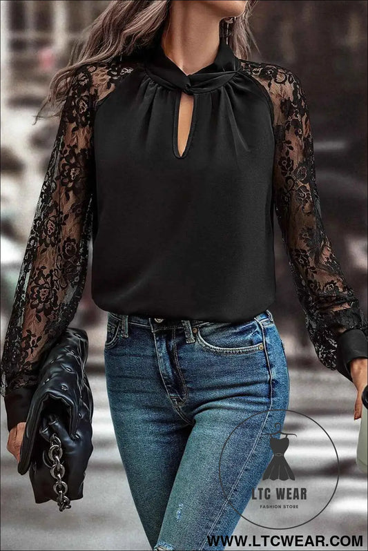 Black Keyhole Neckline Lace Splicing Raglan Sleeve Blouse