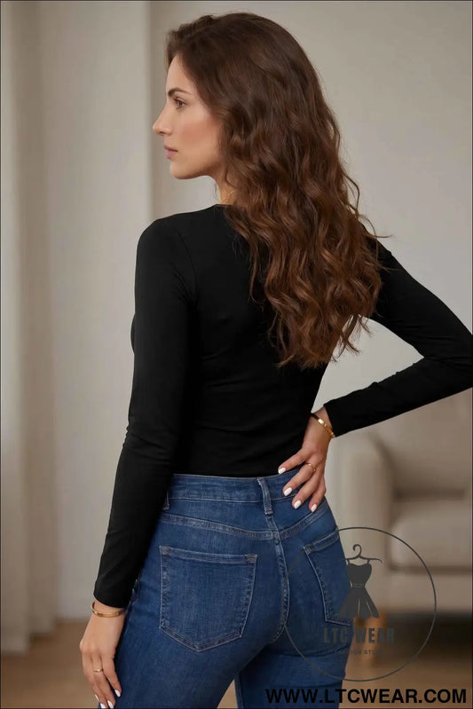 Black Lace Trim Elegant Neckline Long Sleeve Slim Top