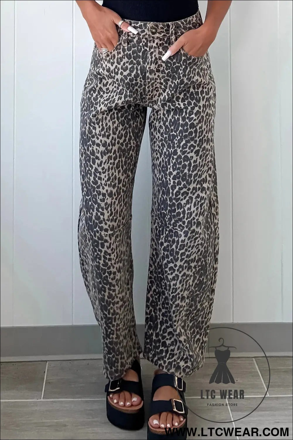Black leopard print high waist barrel jeans - jeans
