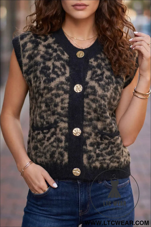 Black Leopard Print Knit Sleeveless Regular Wash Sweater Vest