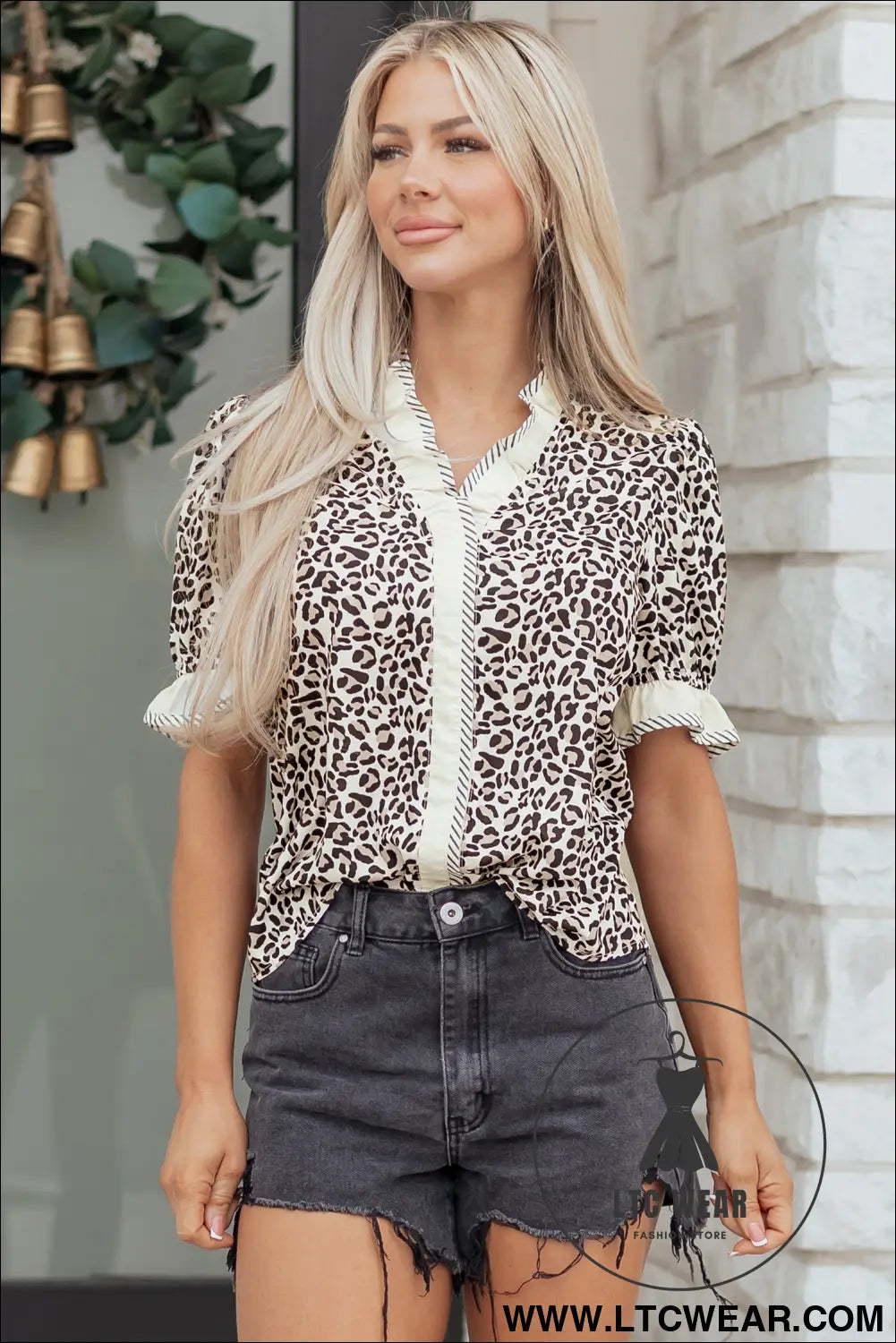 Black leopard print striped ruffled color block trim v neck short sleeve blouse - blouses & shirts