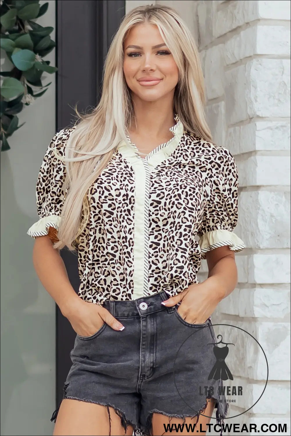 Black leopard print striped ruffled color block trim v neck short sleeve blouse - black / l / 100% polyester - blouses