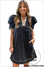 Black leopard trim notched neck short puff sleeve mini dress - mini dresses