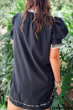 Black leopard trim notched neck short puff sleeve mini dress - mini dresses