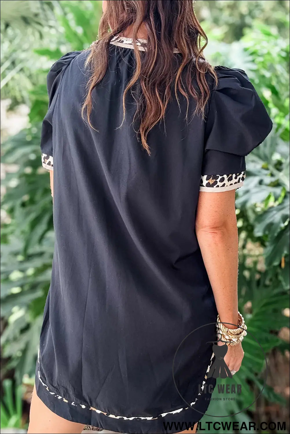 Black leopard trim notched neck short puff sleeve mini dress - mini dresses