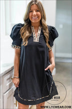 Black leopard trim notched neck short puff sleeve mini dress - mini dresses