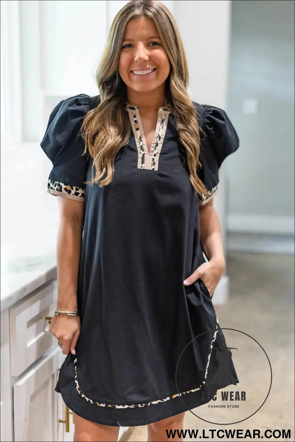 Black leopard trim notched neck short puff sleeve mini dress - mini dresses