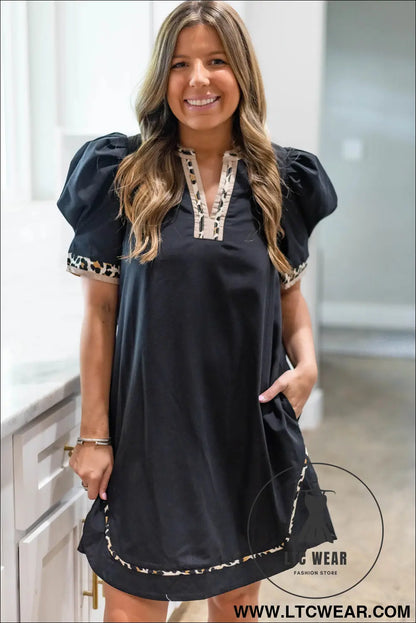 Black leopard trim notched neck short puff sleeve mini dress - mini dresses