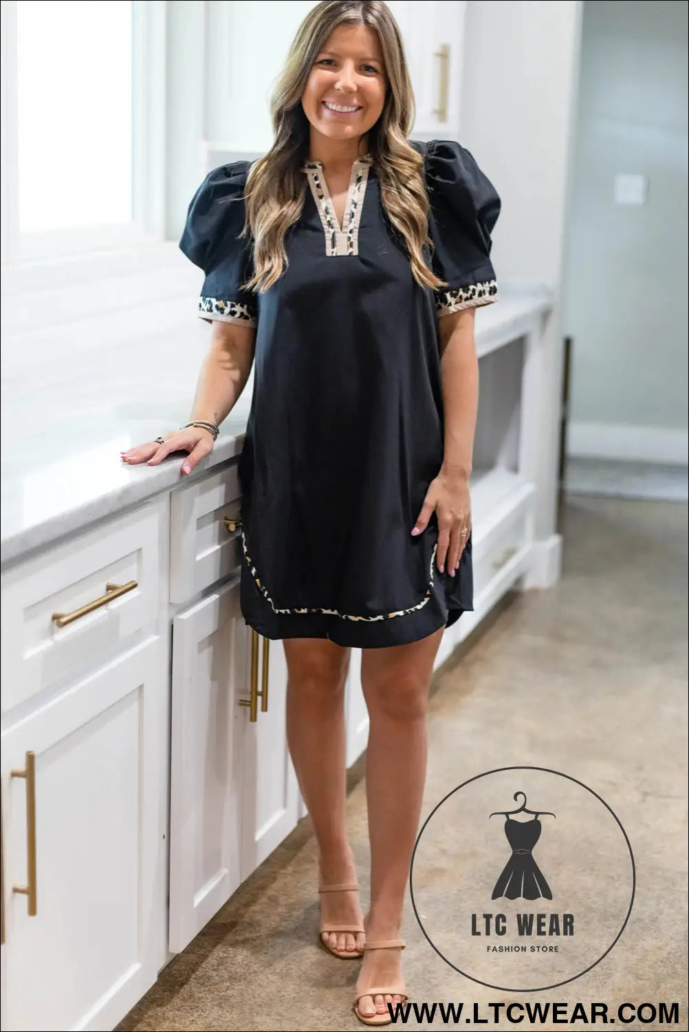 Black leopard trim notched neck short puff sleeve mini dress - mini dresses