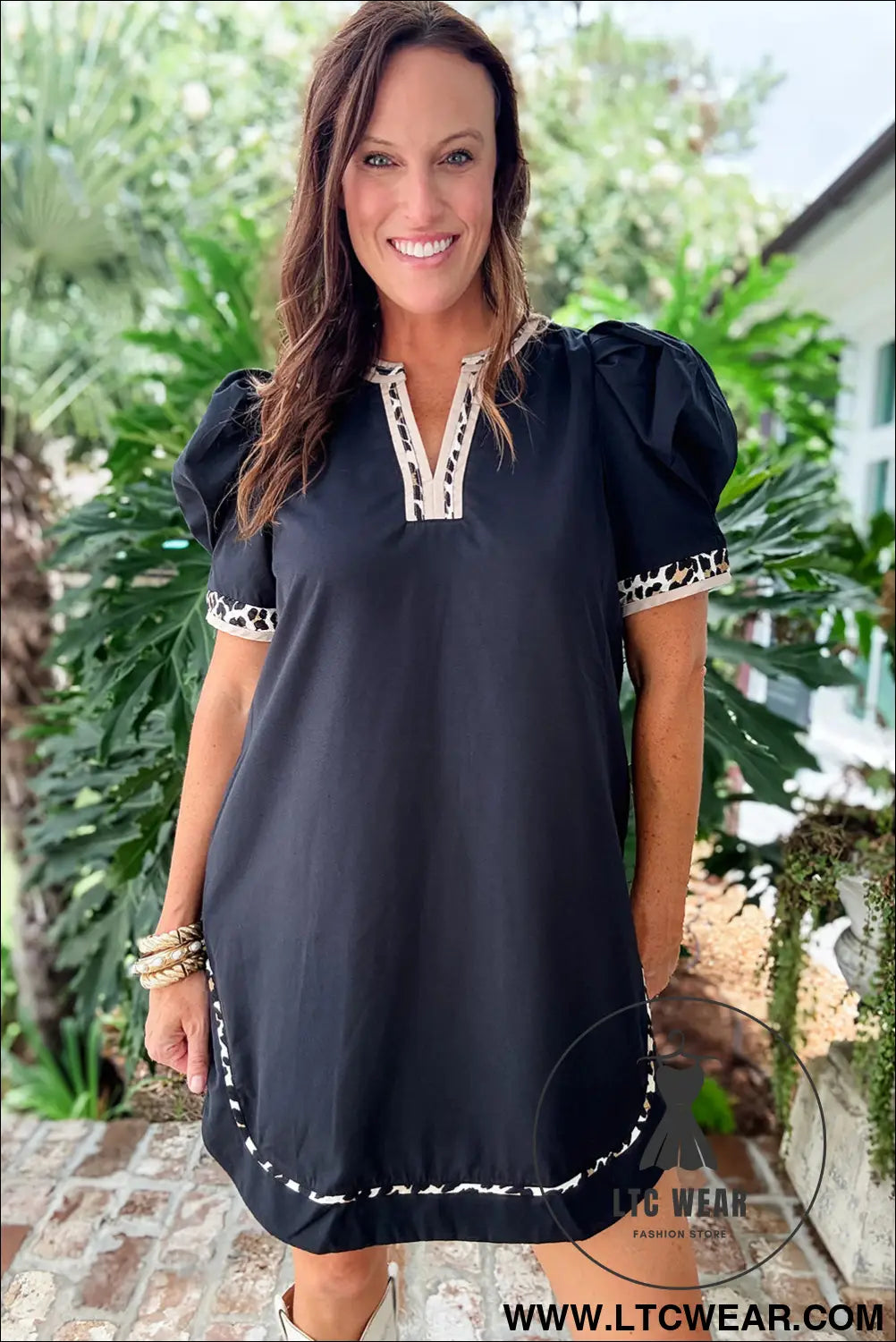 Black leopard trim notched neck short puff sleeve mini dress - mini dresses