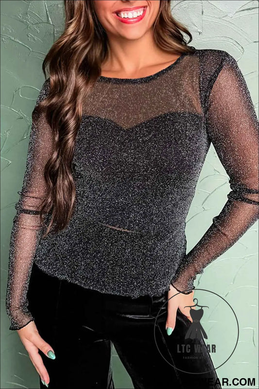 Black Metallic Glitter Mesh Long Sleeve Top