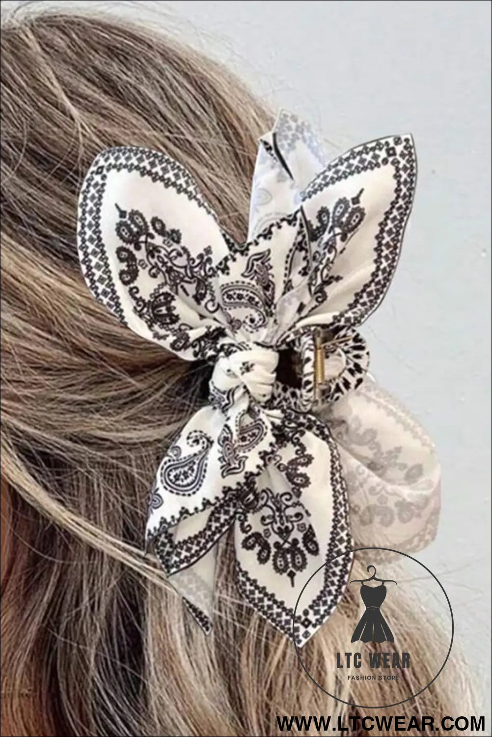 Black paisley floral print bow knot hair clip - black / one size / 100% polyester - headwear