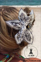Black paisley floral print bow knot hair clip - black / one size / 100% polyester - headwear